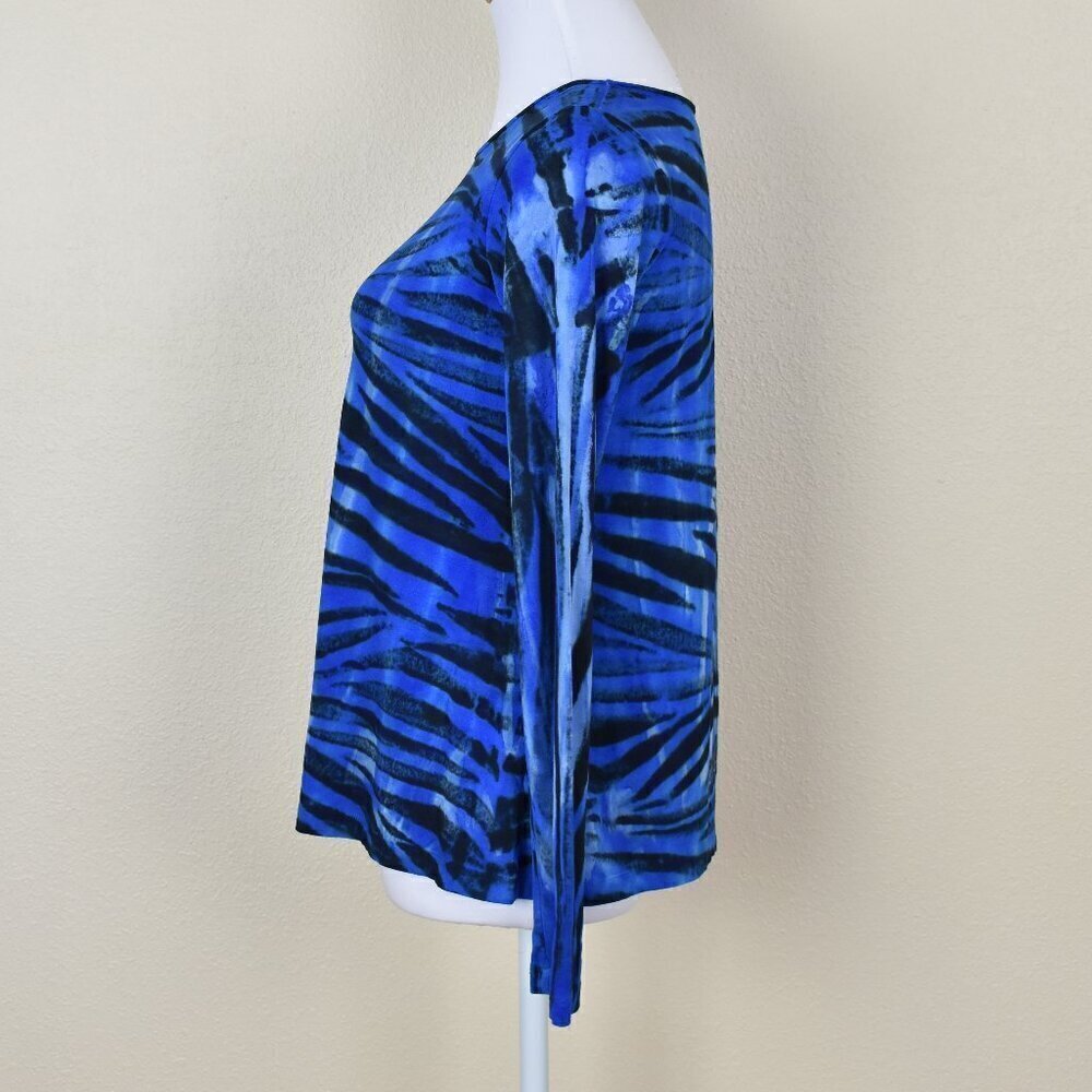 Annie Turbin Blue Tiger Stripe Tie Dye Boatneck Long Sleeve Top 1/S - Picture 3 of 7